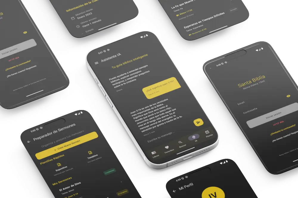 Múltiples pantallas de la app Santa Biblia